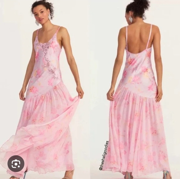 LoveShackFancy Dresses & Skirts - LoveShackFancy Pink Floral Lace-Trim Maxi Dress